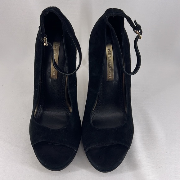 🍁2/$25 🍁 BCBG Black Peep Toe Gold Heel Stiletto - Picture 2 of 12